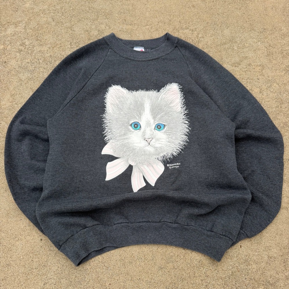 Vintage Jerzees Morning Sun Cat Graphic Sweatshirt Gray Raglan Medium Grannycore - Picture 1 of 7
